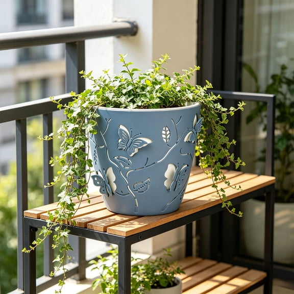 AuroraX Butterfly Pattern Plantser Double Layer Hollow Plantser Decorative Ventilated Lightweight Indoor Outdoor Plastic Embossed Garden Pot Blue