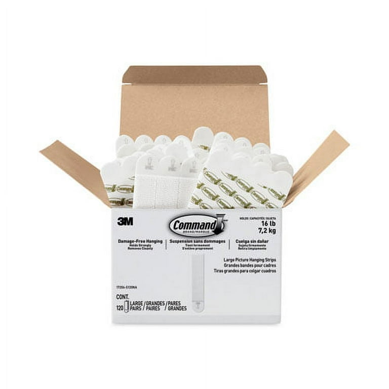 Picture Hanging Strips, Value Pack, Large, Removable, Holds Up to 16 lbs, 0.75 x 3.65, White, 120 Pairs/Pack Picture Hanging Strips, Value Pack, Large, Removable, Holds Up to 16 lbs, 0.75 x 3.65, White, 120 Pairs/Pack