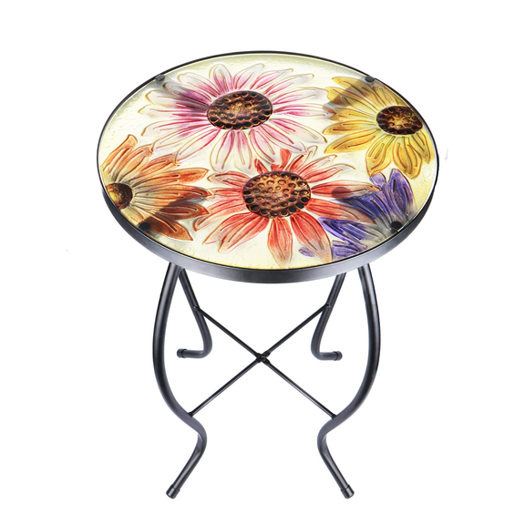 Mosaic Patio Side Table Outdoor Accent Table Bistro Coffee Table Plant End Table Small Porch Table Indoor Round Glass Balcony Sunflower Plant Table Stands