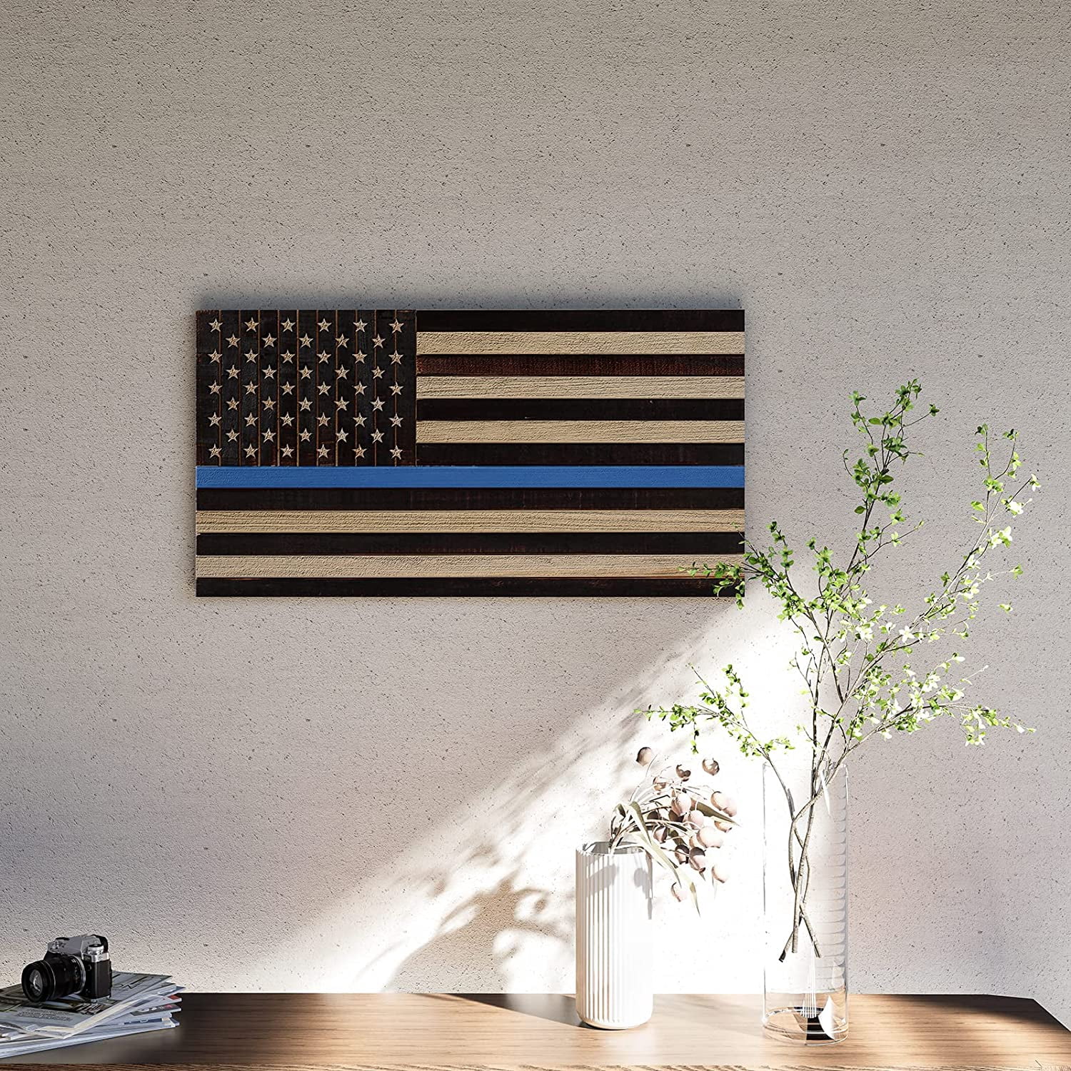 CONSDAN Wooden American Flag Wall Decor, Handcrafted Wall Art, USA Grown Hardwood, Rustic Wood Wall Flags, American Flag Wall Art, American Flag Decor | Thin Blue Line, 37"x19.5"
