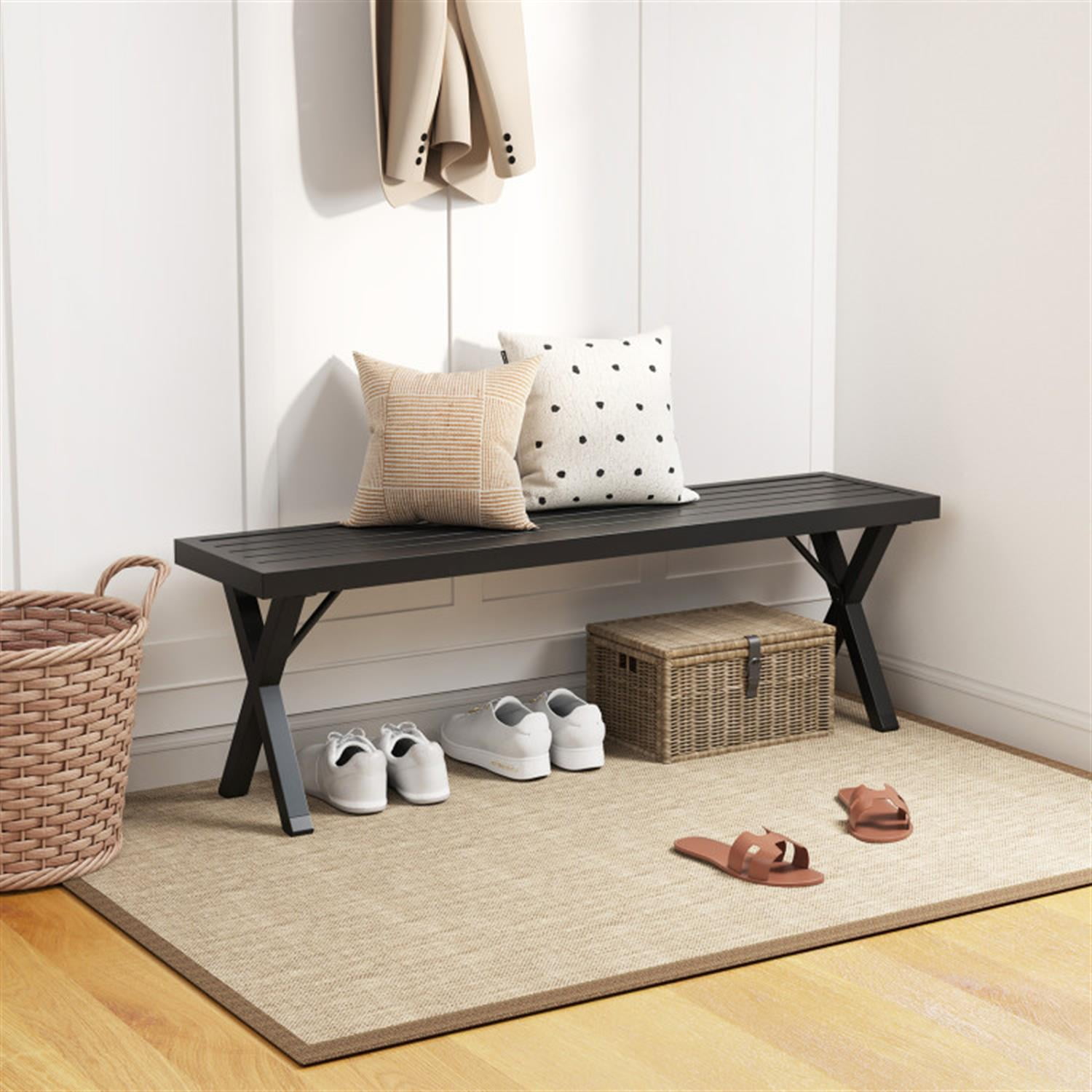 Demi Bonn Patio Metal Bench with Slatted Seat and X Legs, Outdoor Benches Accent Furniture for Yard, Garden, Black