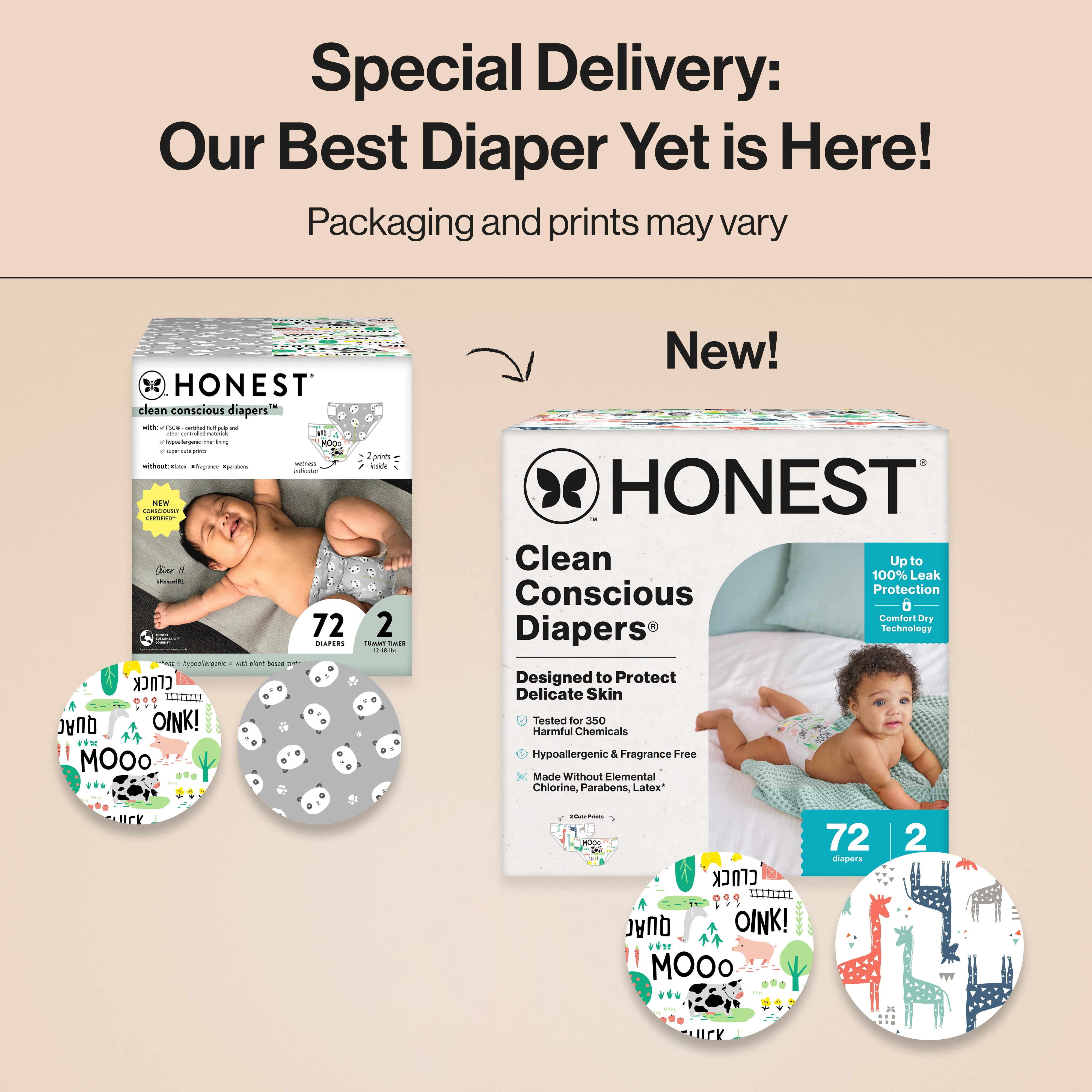 The Honest Company Clean Conscious Diapers for Sensitive Skin, Up to 100% Leakproof , Hypoallergenic, Fragrance Free, Gender Neutral, Club Box, Size 2 (12-18 lbs), 72 Count (Prints May Vary)