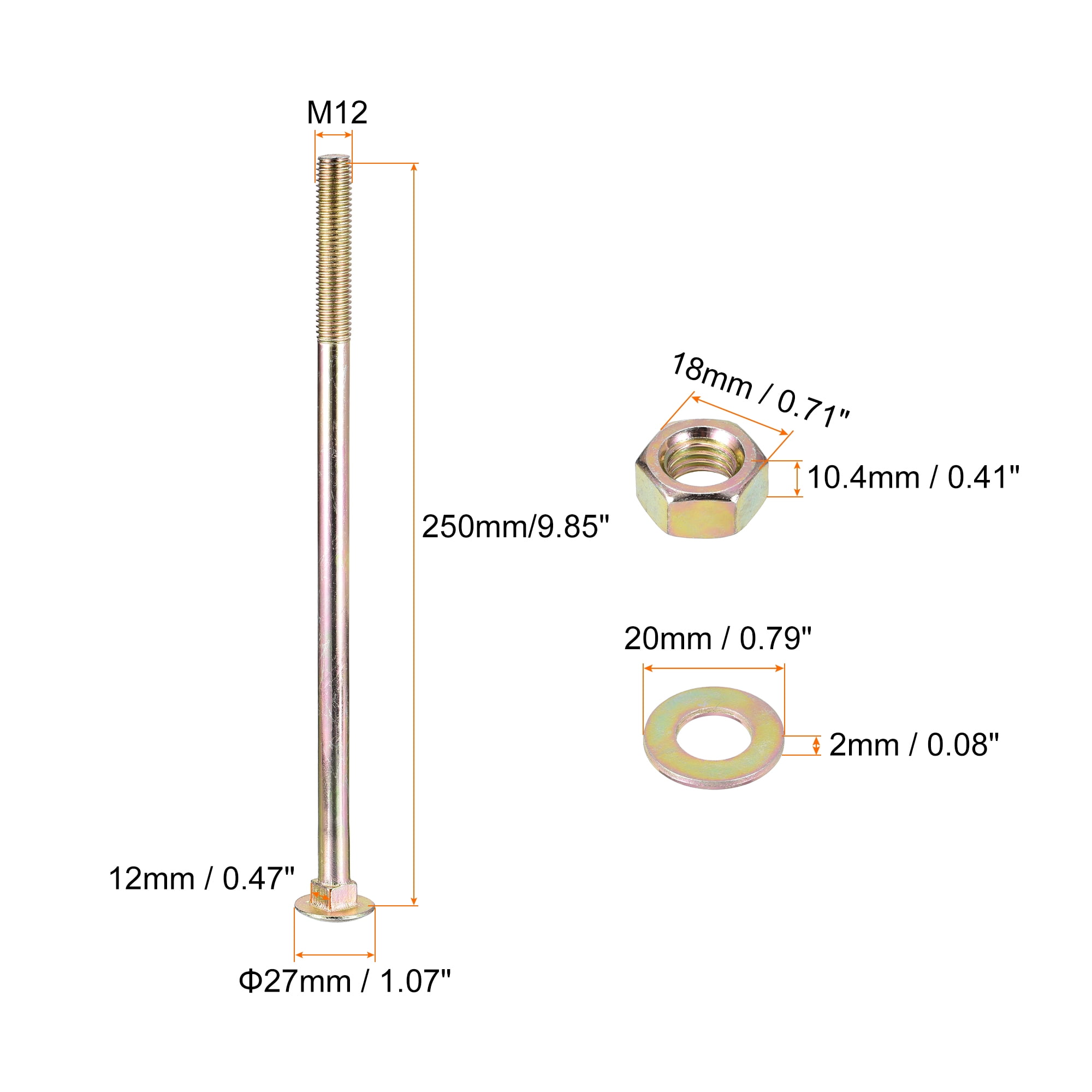 Uxcell M12x250mm Carriage Bolt with Nut & Washer,  12Set 304 Stainless Steel, Gold Tone