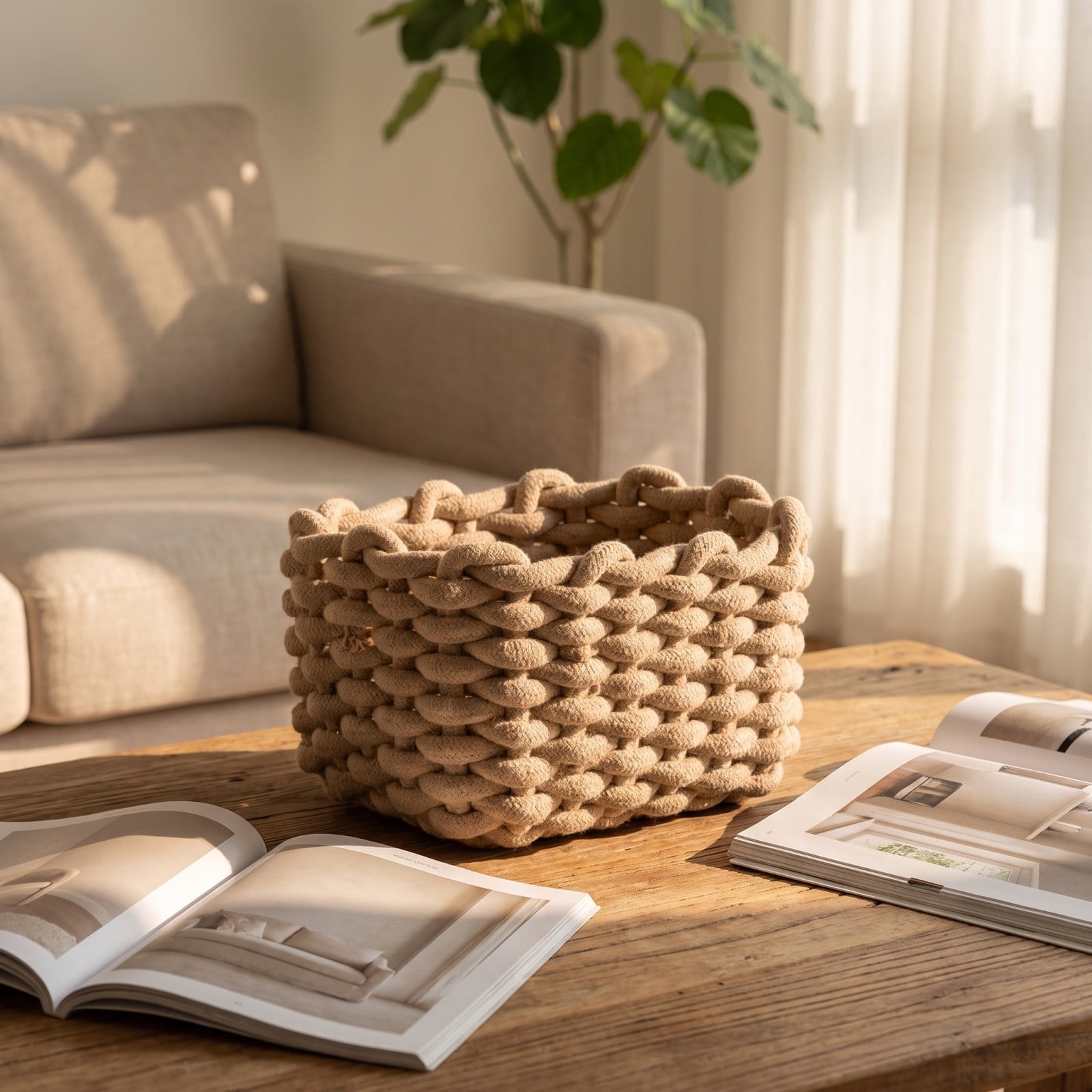 Cotton Rope Storage Basket Desktop Organizer Bin Cosmetics Sorting Box Broad Top Opening Access and Curved Safe Frame for Vanity Tables Bathroom Counters and Entryway Shelves.