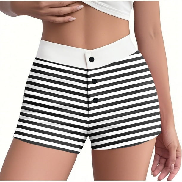 Pantalones cortos de pijama ajustados de cintura alta con botones y cintura elástica a rayas de verano para mujer, pantalones de poliéster para mujer