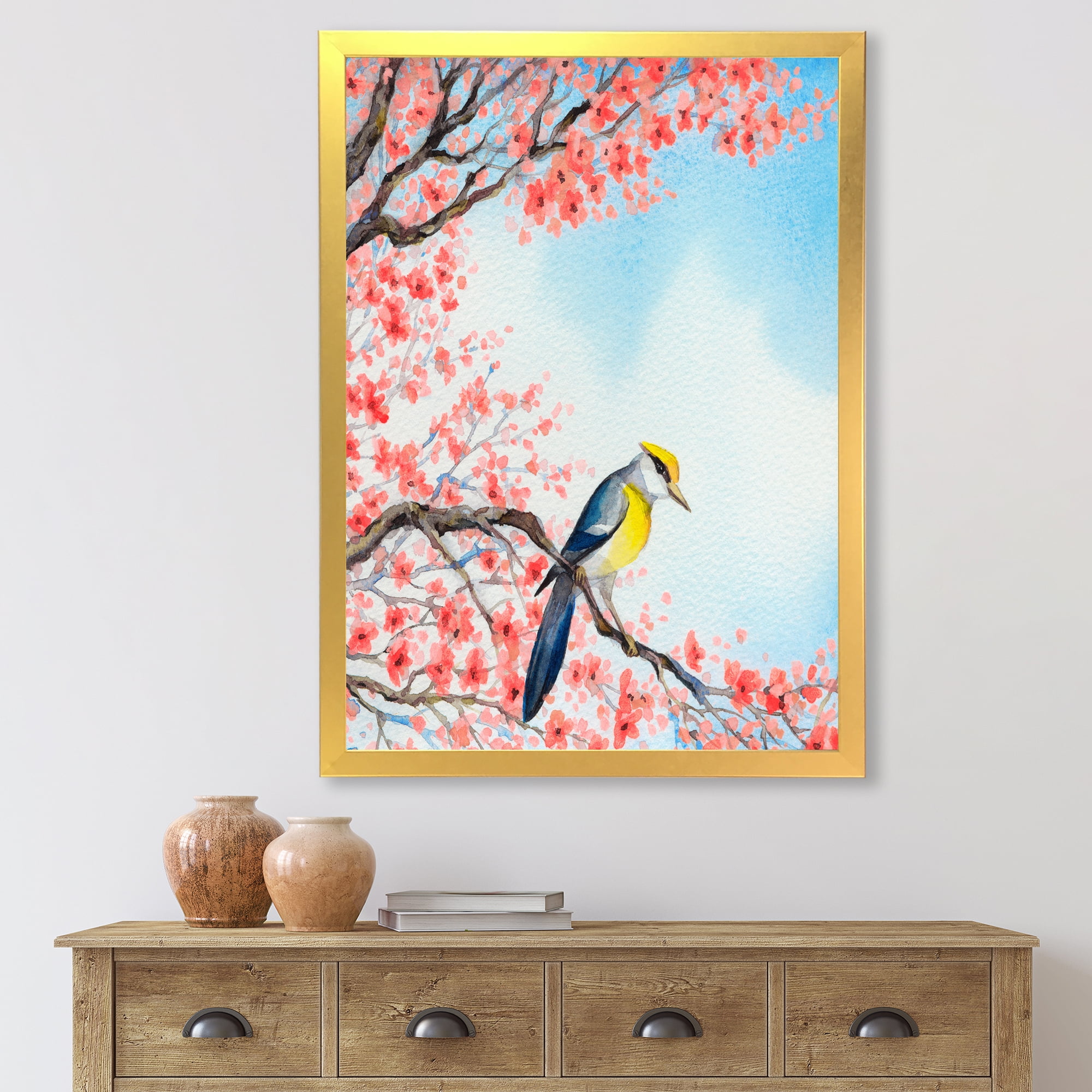 Beautiful Red Bird Sitting On Flowering Branch I 30 in x 40 in Framed Painting Canvas Art Print, by Designart