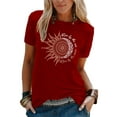 thumbnail image 1 of Daeful Tee Col Rond T-Shirt Imprimé Soleil Lune Hauts Femmes Boho Boho Manches Courtes Tunique Blouse Rouge Vin 3TG, 1 of 2