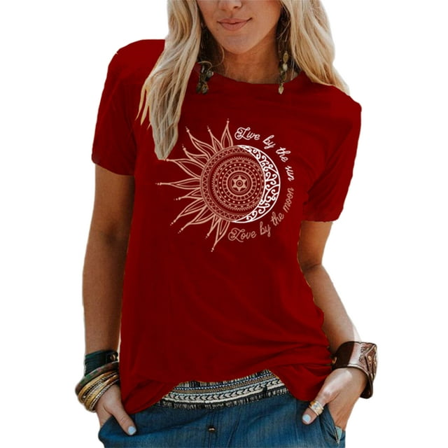 Daeful T-Shirt à Col Rond T-Shirt Soleil Lune Imprimé Hauts Femmes Bohème Boho Tunique à Manches Courtes Blouse Rouge Vin 4TG