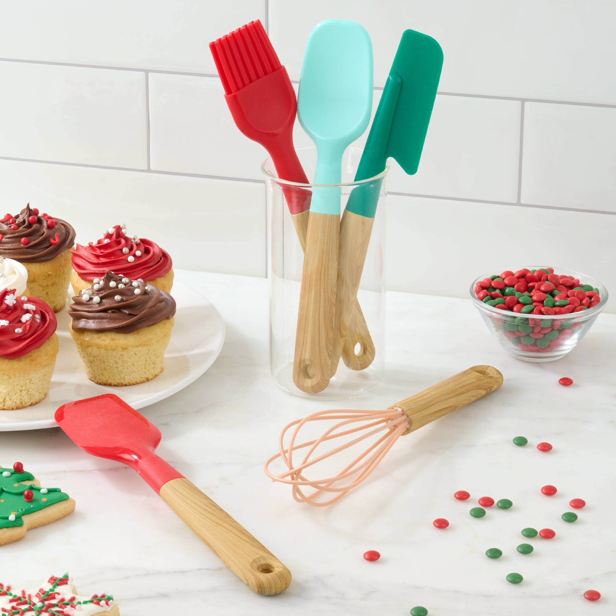 Holiday Time 5-Piece Mini Baking Tools. Red, Green, Pink and Blue