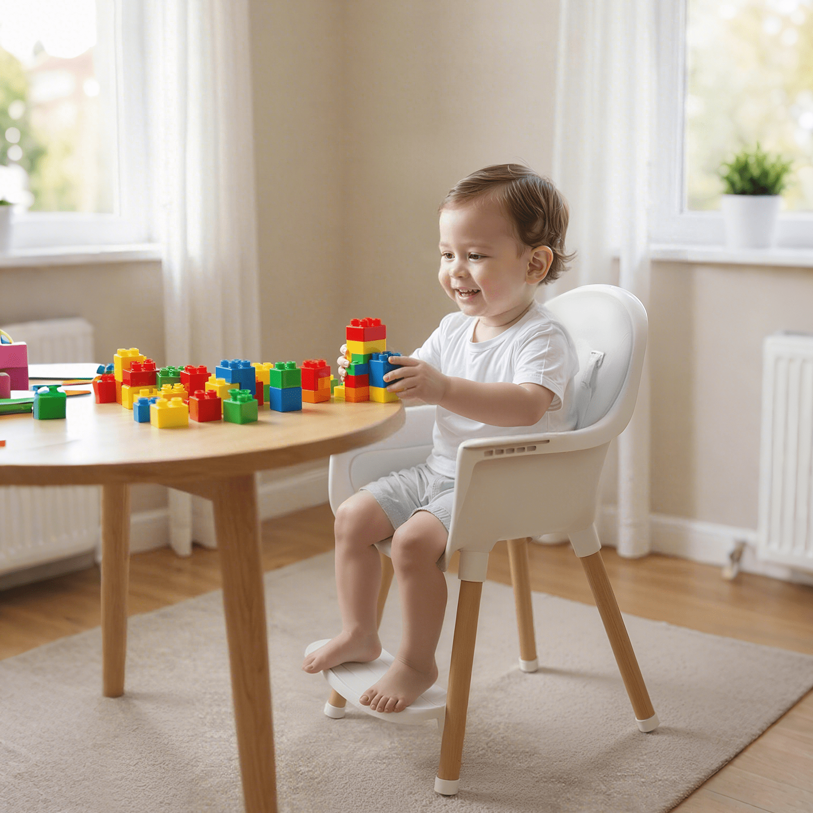 Babilous Baby High Chair, Wooden Highchair with Removable Tray, Adjustable Legs, Cushion, 5-Point Harness and Footrest for Infants, Baby, Toddlers, Gray