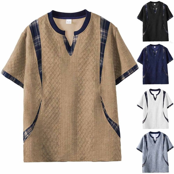 FRSASU Plaid Patchwork Short Sleeve T-Shirt for Men Stylish Summer Loose V-Neck Pullover Casual Tee Shirts White