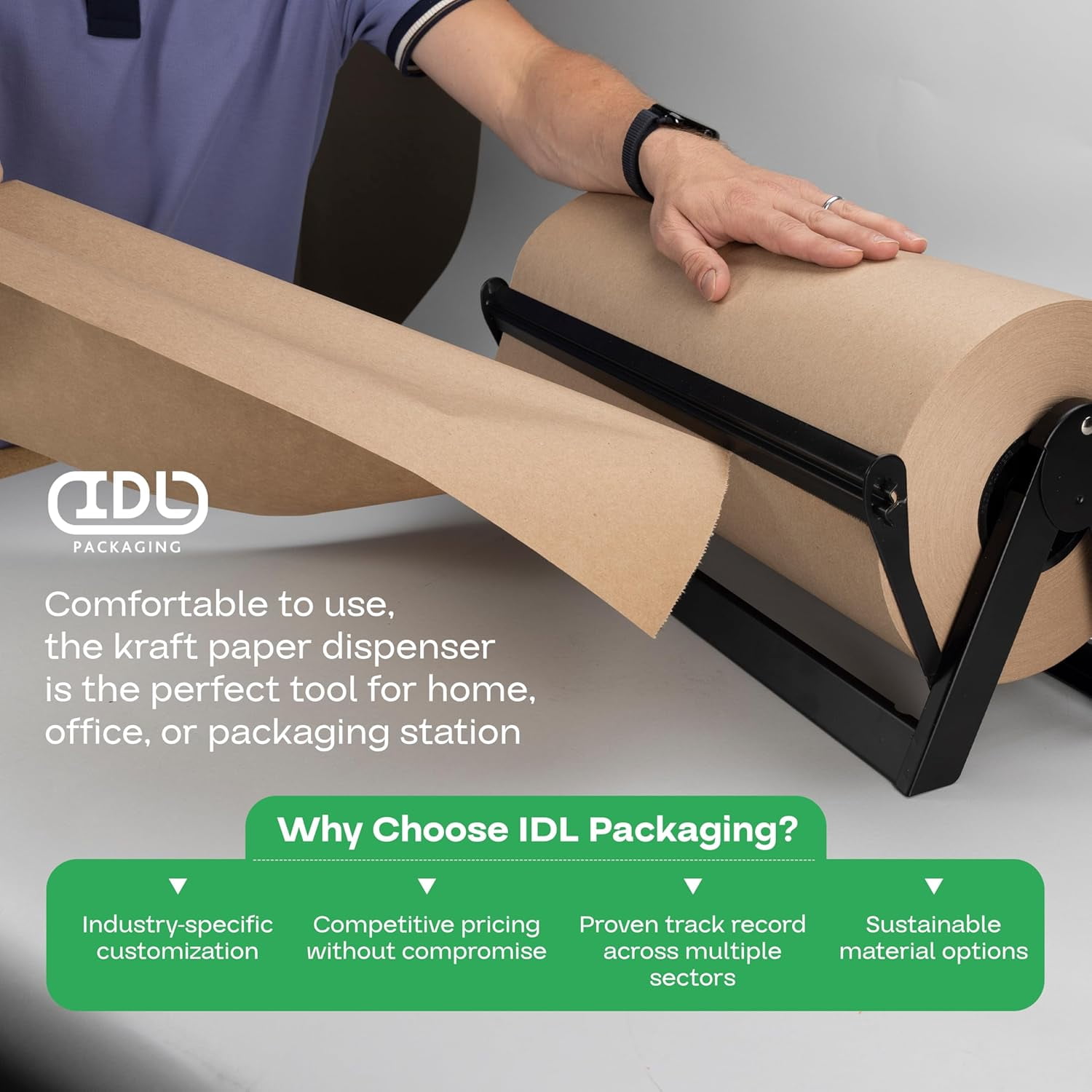 IDL Packaging Brown Kraft Paper Jumbo Roll 48" x 14400" (1200 ft) with Dispenser – USA-Made Natural Kraft Paper 30lb Thickness