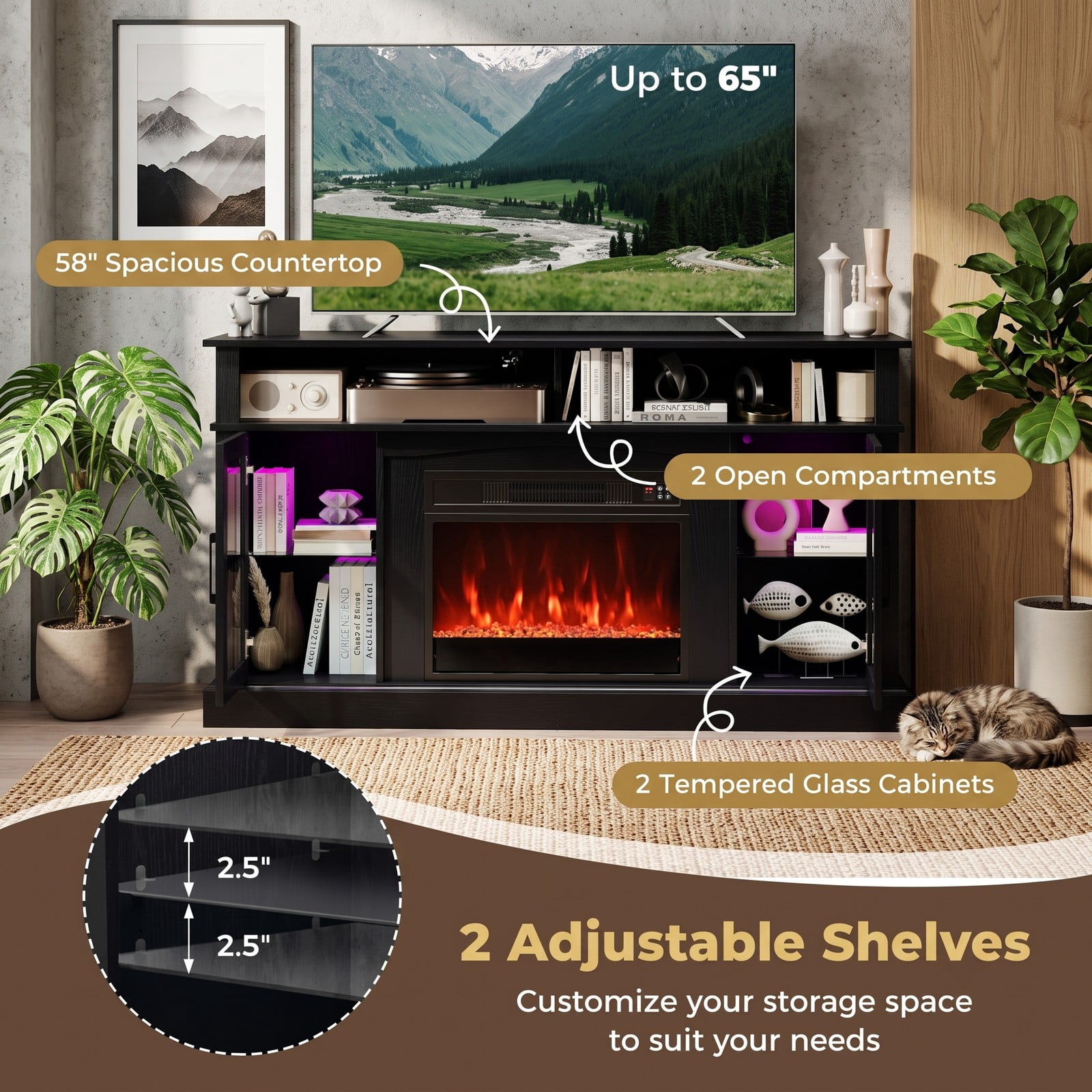Furnibear 58 Inch Fireplace TV Stand with 4777 BTU Electric Fireplace, RGB LED Lights, Storage Cabinets and Tempered Glass Doors for TVs up to 65 Inch, Living, Black
