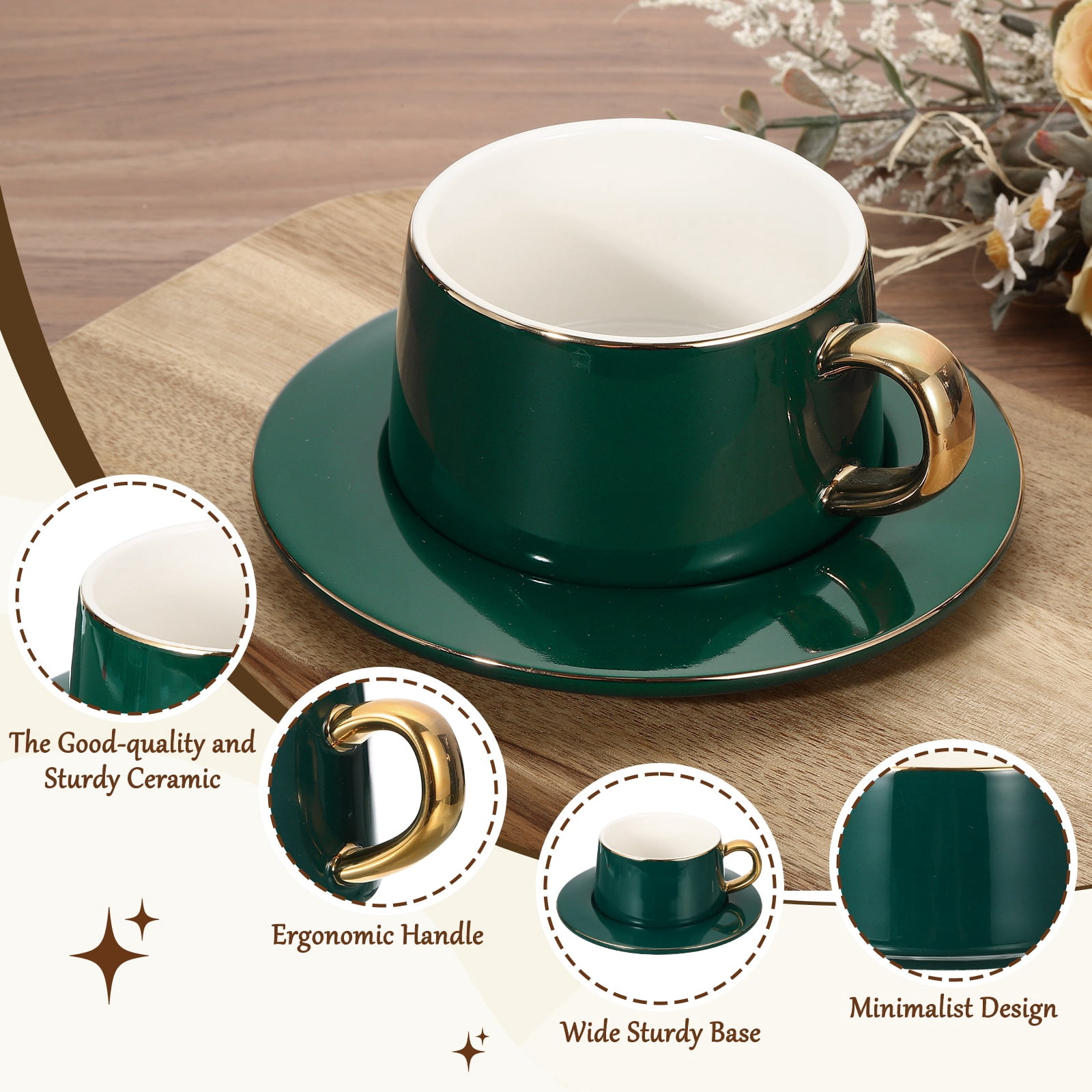 Uxcell 10oz Ceramic Coffee Mugs with Saucer Set, Creative Cute Cup with Handle Unique Irregular Design for Coffee Lovers Gift Tea Espresso Latte Kitchen Cafe Party Dishwasher, Green