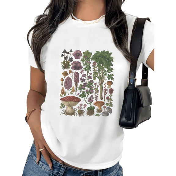 White Print Tshirt Graphic Tees Shirts Vintage Mushroom Botanical Novelty Gift For Plant Enthusiasts S-5XL Tops
