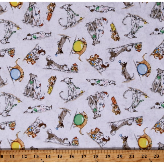 Cotton Dogs Playing Balls Treats Animals Pets A Day in the Park Mist Gray Cotton Fabric Print by the Yard (Y3877-116-Mistgray)