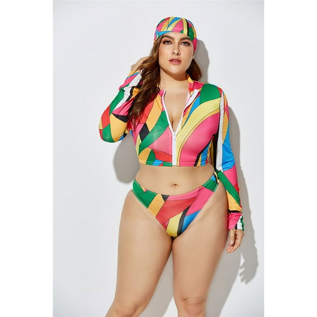 Womens Long Sleeve Zipper Front high Waist Thong Bikini Set 3 Piece Swimsuit