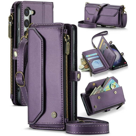 CaseMe Leather for Samsung Galaxy S23 6.1" Case Wallet【RFID Blocking】with 7-Card Holder Zipper Bills Slot, Soft PU Leather Magnetic Shoulder Wrist Strap for Samsung Galaxy S23 6.1" Wallet Case Women