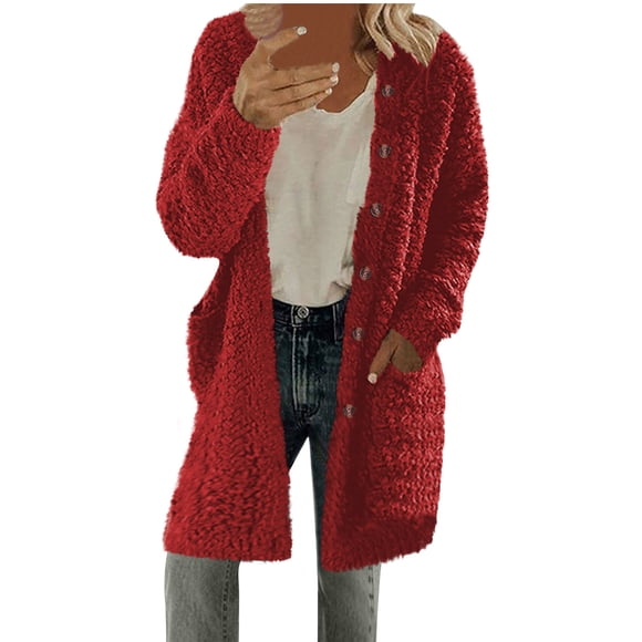 LMKIHUSA House Coats for Women Fleece Winter 2025 Warm Long Outerwear Long Sleeve Button Down Jackets Cardigan Solid Color Pockets Coats Wine,XL