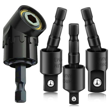 Newte 105 Degree Right Angle Drill Adapter Set, 1/4-inch Hex Shank, 4-in-1 Impact Socket Extension Kit with 360° Rotatable Bits, Black Chrome-Vanadium Steel