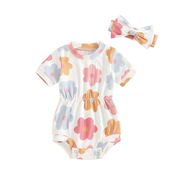 Newborn Baby Girl Summer Outfits Ribbed Knit Floral Short Sleeve Romper Bodysuit with Bow Headband Set 3 6 9 12 18 Months Cute Clothes