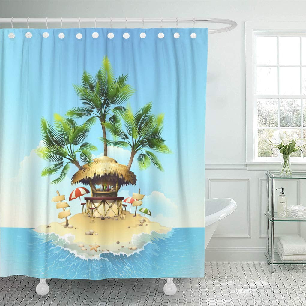 Libin Yellow Beach Tropical Bungalow Bar on Island in Ocean Shower Curtain 66x72 inch