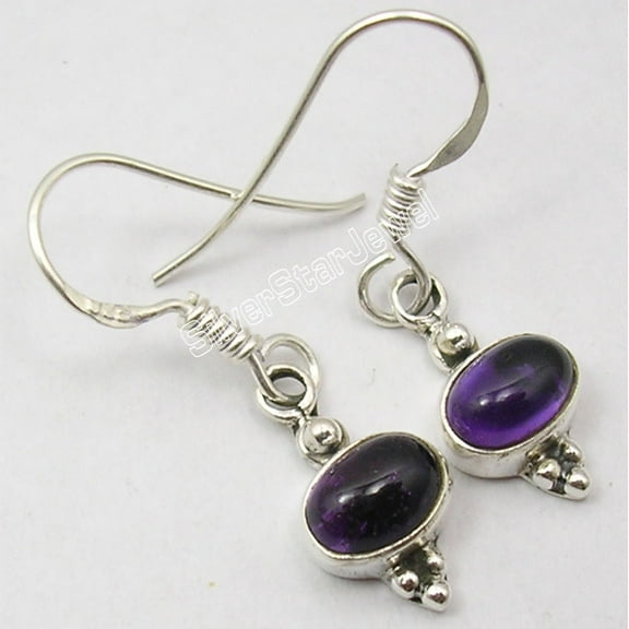 SilverStarJewel 925 Sterling Silver Oval Cabochon Purple Amethyst Handcrafted Earrings 1.1"