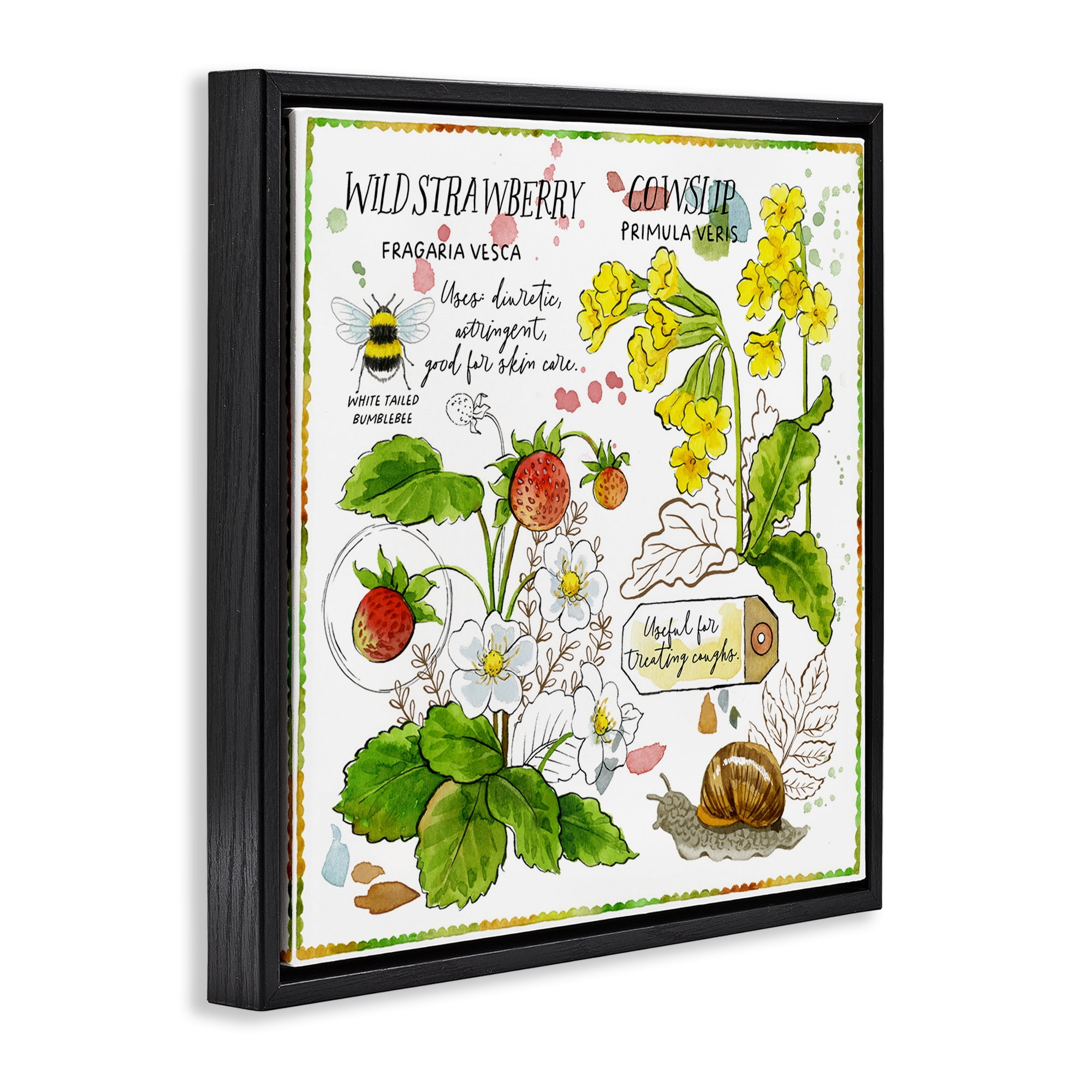 Stupell Industries Strawberry & Florals Uses Plants & Flowers Painting Black Floater Framed Canvas Art Print Wall Art, 18 x 18