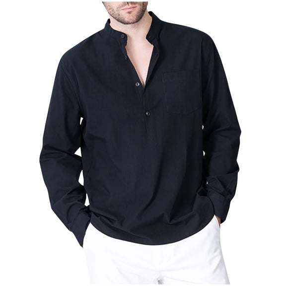 Cotton Shirts for Men with Pocket Long Sleeve Tshirts Shirt Button Stand Collar Casual Pullover Lightweight Solid Breathable Loungewear Work Tees Tops
