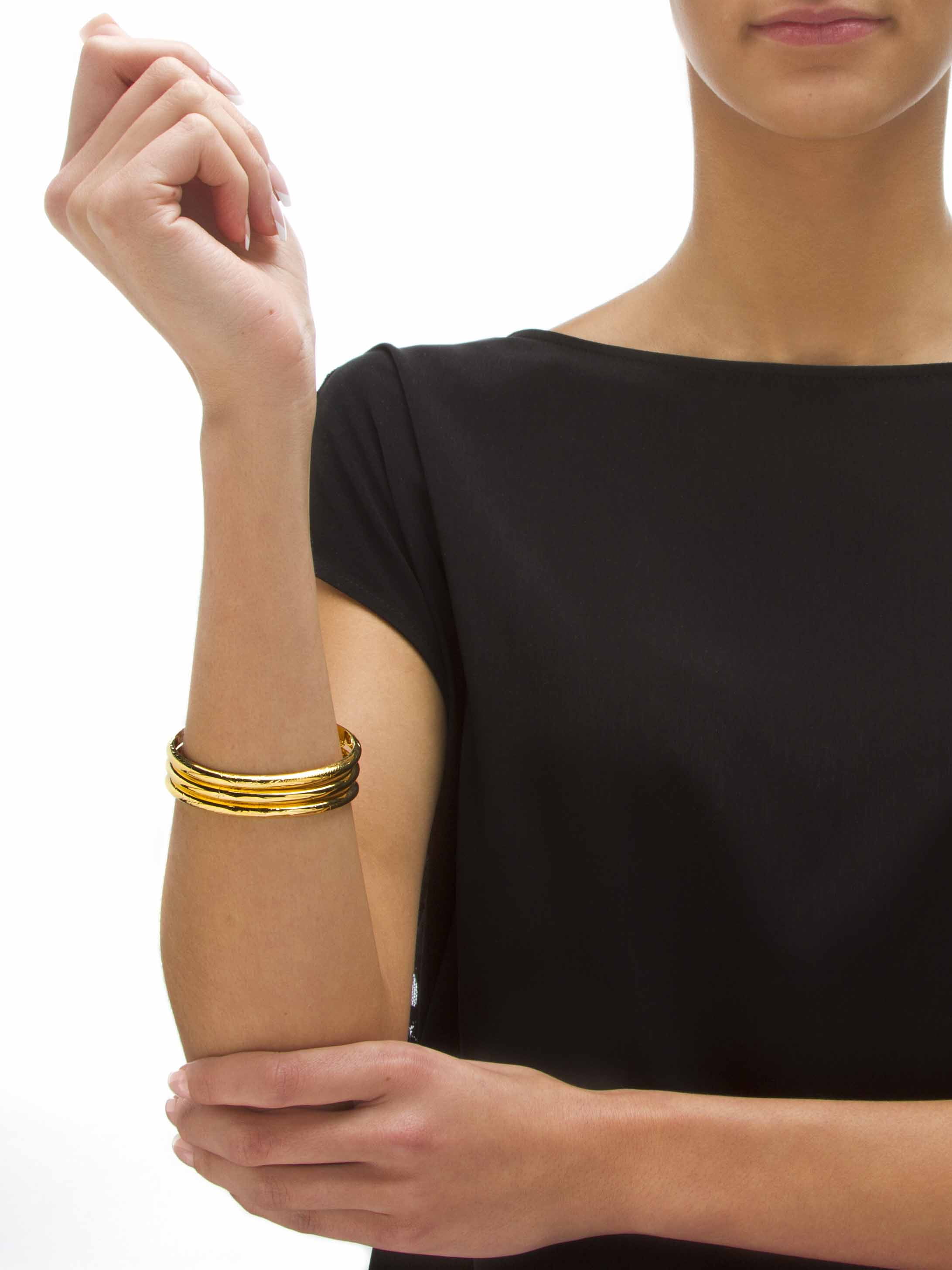 PalmBeach Jewelry Polished, Engraved and Floral Three-Piece Bangle Set in Yellow Gold-Plated or Sterling Silver