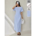 thumbnail image 2 of Petite Womens Blue Striped Linen Blend Ruched Waist Short Sleeve Maxi Dress, 2 of 8