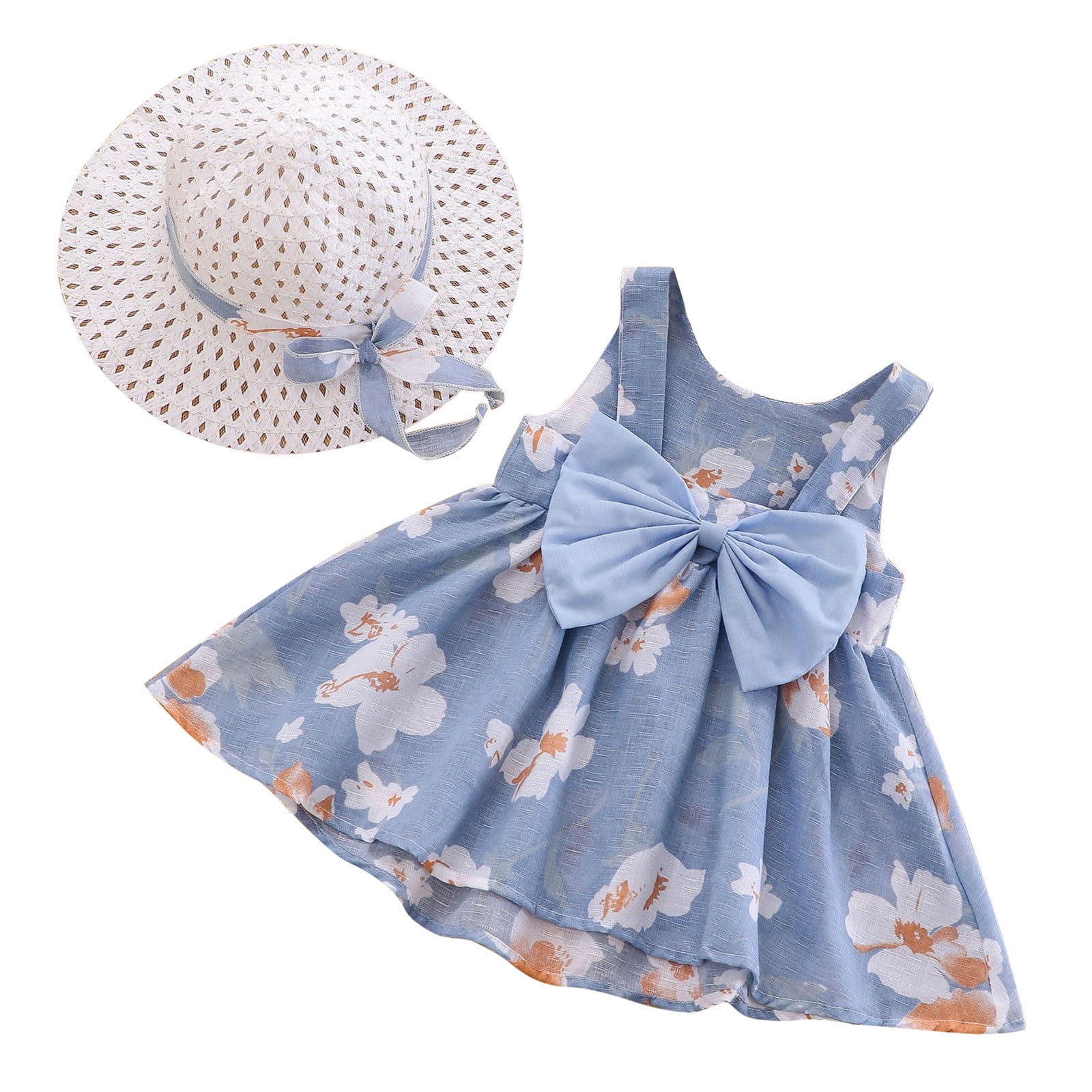 Robe Princesse Jaune Robe D'été Sans Manches Pour Bébé Fille, Robe Princesse Dos Nu, Robe D'été Avec Nœud Floral Et Chapeau De Paille, Orange, 18 à 24 Mois, Orange, 18-24 Mois Robe