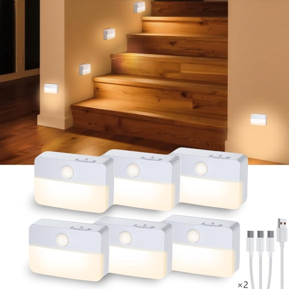 6-Pack Stair Lights whit Motion Sensor, Rechargeable LED Stair Lights, Wireless Sensor Night Lights for Stair Bedroom Cabinet Hallway