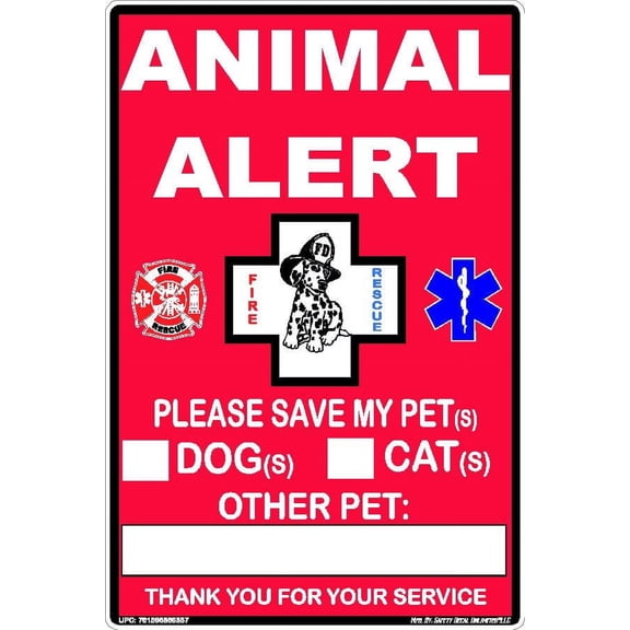 Animal Alert in Case of Emergency Fire Rescue Pets Warning Black Red White Rectangle Label Sticker Decal Home Apartment Door Made in America (4" x 2.5")