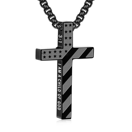 DORANA Black Cross Necklaces for Men Boys American Flag Pendant Chain Catholic Christian Religious Birthday Fathers Day Jewelry Gifts Teen Him Dad Tween Son Preteen Adults Kids Age Ideas