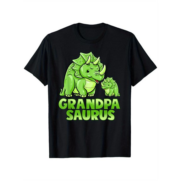Grandpa Saurus Funny Dinosaur Graphic T-Shirt for Men- 100%, Crew Neck, Short Sleeve, Casual Streetwear, Black with Green Cartoon Print, Sizes S-XXXL, Comfortable