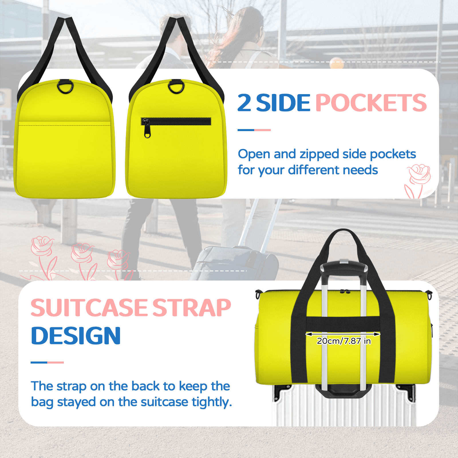 Herdesigns Light Yellow Travel Duffle Bag Sports Yoga Weekender Overnight Carry on Workout Bags Lightweight Waterproof Gym Tote Bag for Women