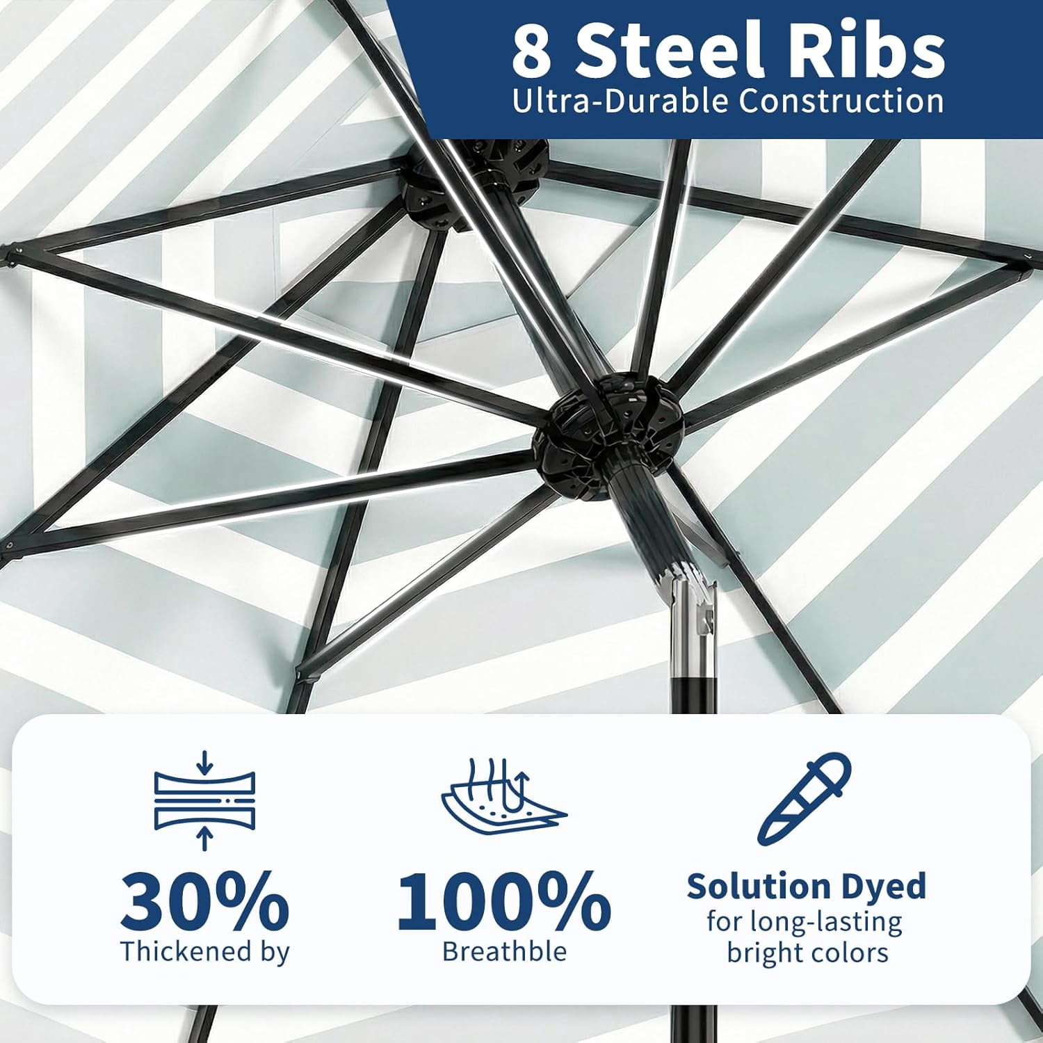 10Ft Outdoor Patio Umbrella 8 Sturdy Ribs Outdoor Table Umbrella with Crank LiFt & Push Button Tilt UV Protection Waterproof Market Umbrellas for Pool Deck Yard, Turquoise & White Stripes