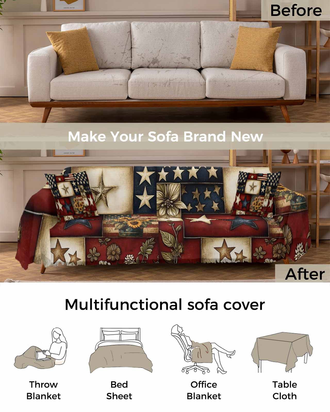 American Flag Sofa Covers for 2-3 Cushion Couch L-Shaped Sectional, Texas Star Farmhouse Sunflowers Blue Red Washable Sofa Covers Slipcover for Living Room Furniture, Couch Cover Blanket 71"x134"