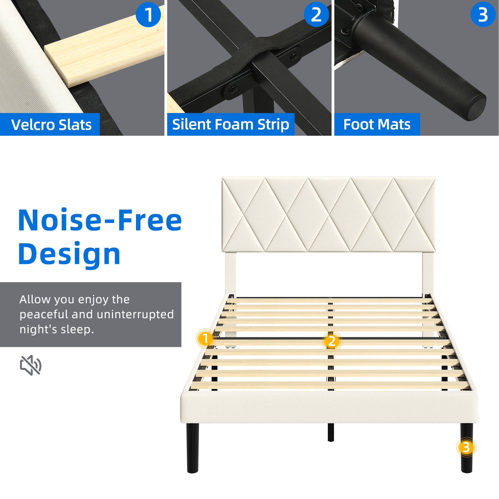 DEXTRUS Queen Upholstered Bed Frame with Adjustable Headboard, Beige