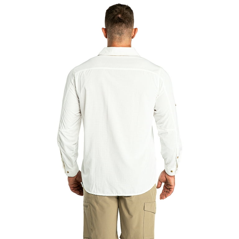 33,000ft Men's Long Sleeve Sun Protection Shirt UPF 50+ UV Quick Dry Cooling Fishing Shirts for Travel Camping Hiking White Large