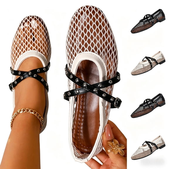 Women's Loafers Mesh Mary Jane Flat Shoes,Casual Closed Toe Slip On Shoes Dressy Summer Outdoor Beach Walking Shoes Studded Cross Strap Breathable Ballet Flats for Women