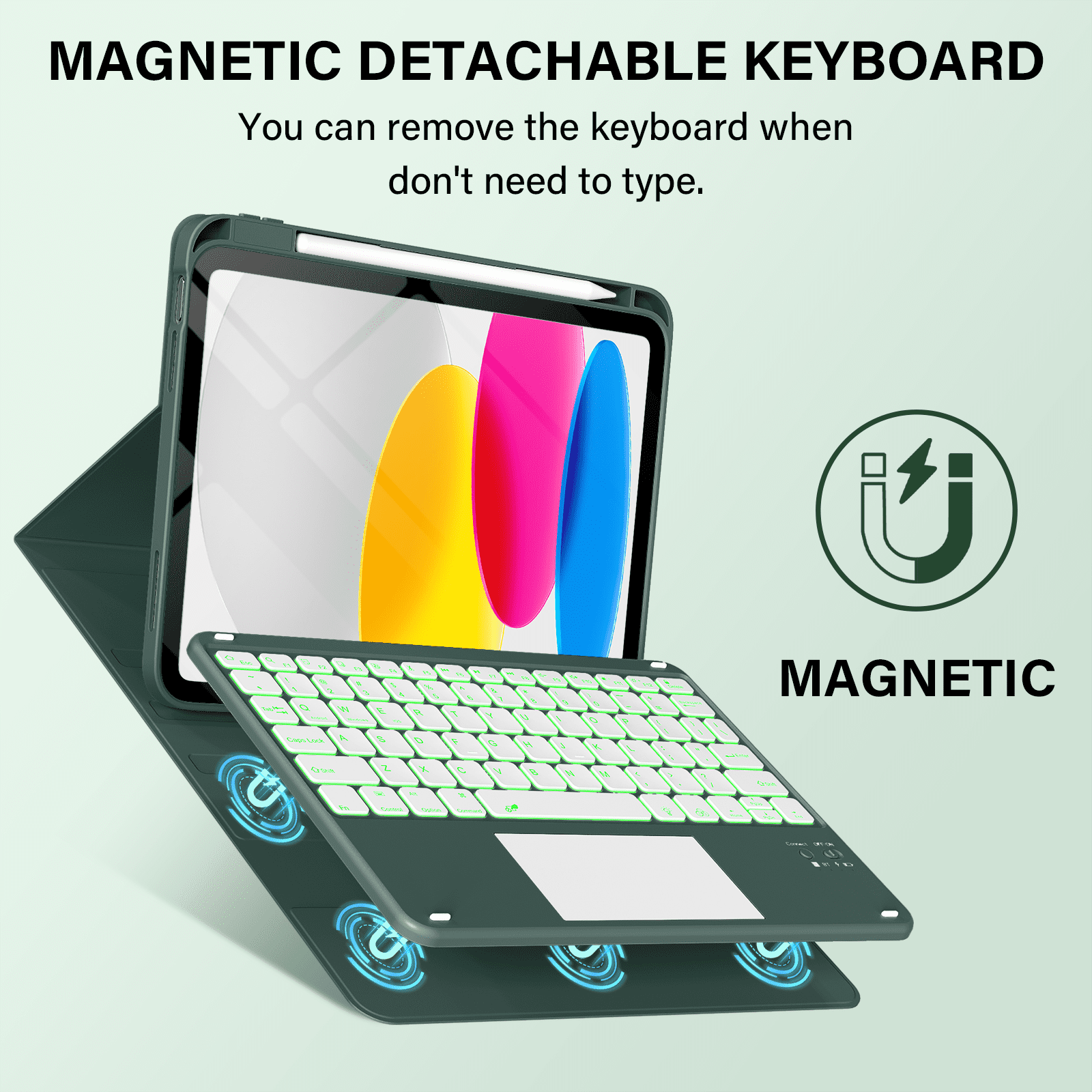 Kenke Keyboard Case Compatible for iPad (A16) 11/10th Generation 11/10.9 inch 2025/2020, Folio Cover with Pencil Holder,Multi-Touch Trackpad, 7 Color Backlit,Detachable Bluetooth Keyboard, Dark Green