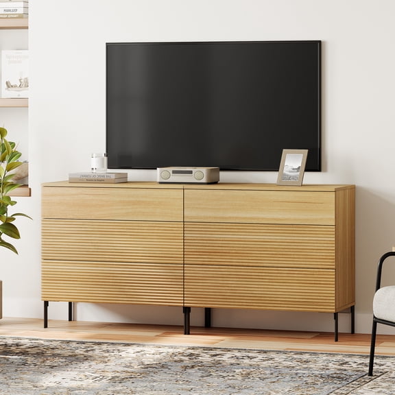 WAMPAT 63" Modern TV Stand for TVs up to 70 Inch, Fluted Wood Media Console with 6 Drawers, Push-to-Open Entertainment Center for Living Room