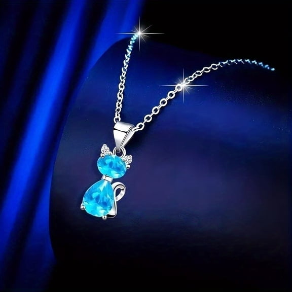 Cat Shape Alloy Rhinestone Pendant Necklaces Platinum Aquamarine 17.72 inch(45cm)