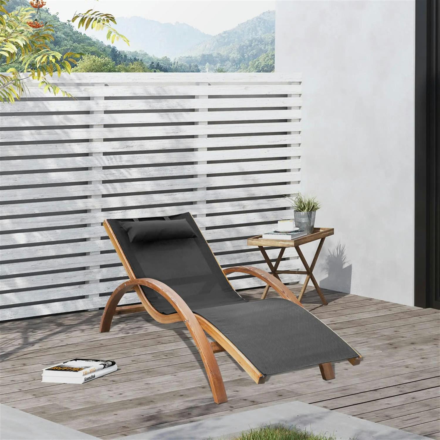 Demi Bonn Outdoor Chaise Lounge with Pillow, Armrests, Breathable Mesh, Comfort Curved Design for Patio Deck Poolside, Black