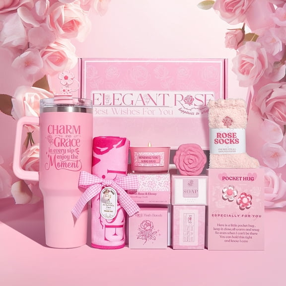 Pink Self Care Gift Set for Women – 8-Piece Spa Basket with 40 oz Insulated Tumbler, Candle, Bath Bomb & Fuzzy Socks