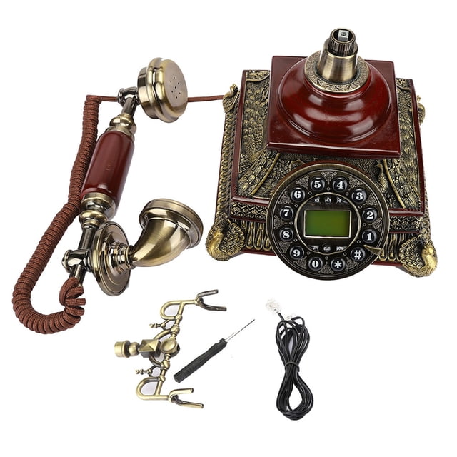 Teléfono antiguo antiguo con pantalla de número de llamada DTMF de Europa, remarcación de un botón, teléfono retro