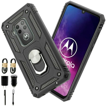 Value Pack + for Moto One Pro/ Moto One Zoom Titanium Phone Metal Case Finger Grip Holder Ring Magnet Mount Ready Grip Kickstand with Full Coverage Temper Glass (Black)