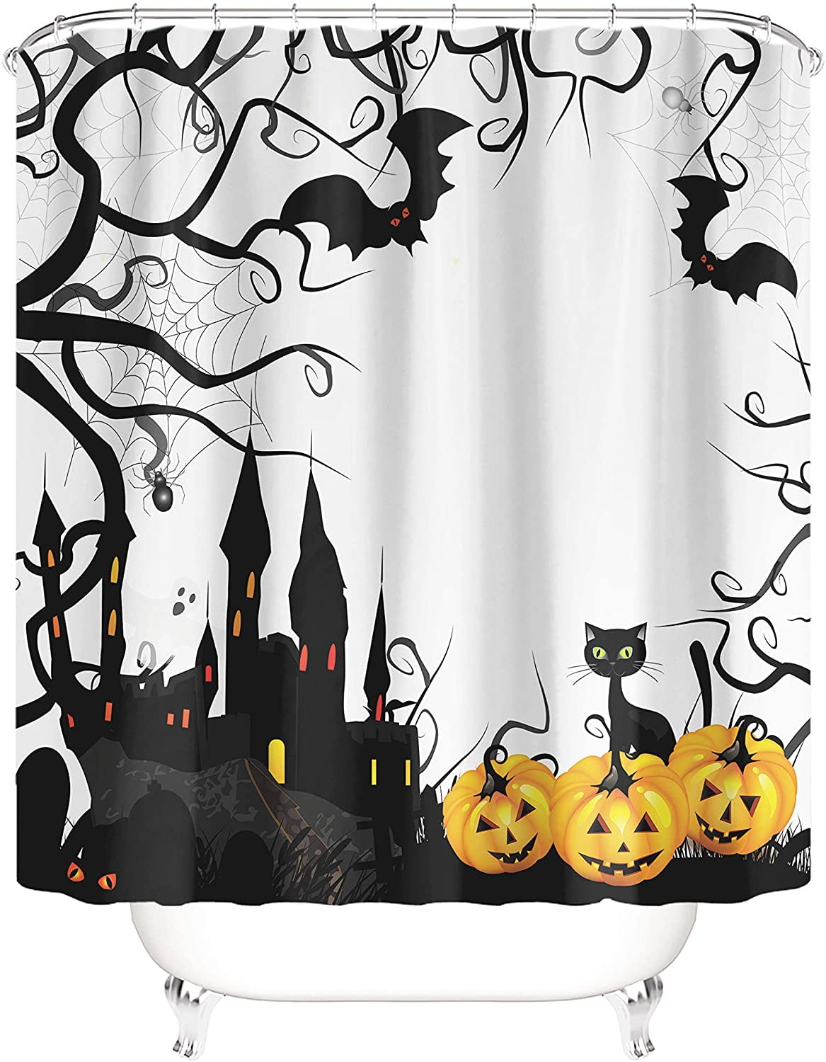 Happy Halloween Bathroom Waterproof Fabric Cartoon Black Cat Shower Curtain Set 